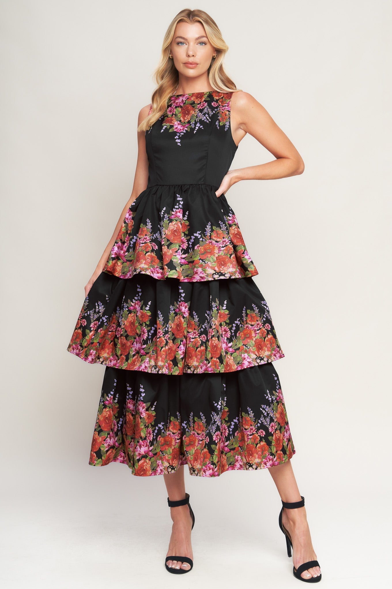 Botanical Ballgown Printed Midi Dress With Layered Skirt Flying Tomato